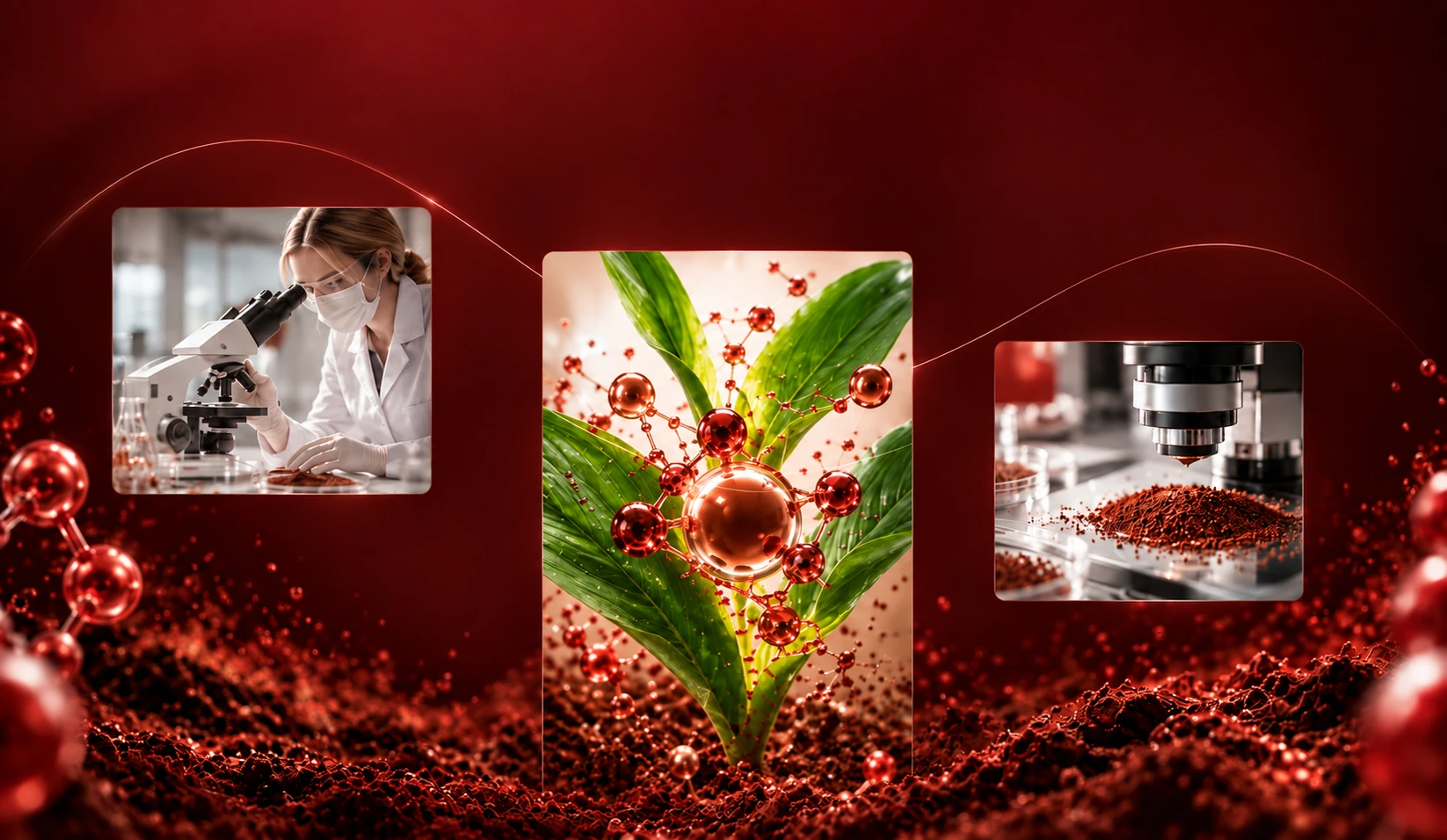Investigador en el microscopio, una planta con moléculas de hierro y un microscopio sobre microgránulos