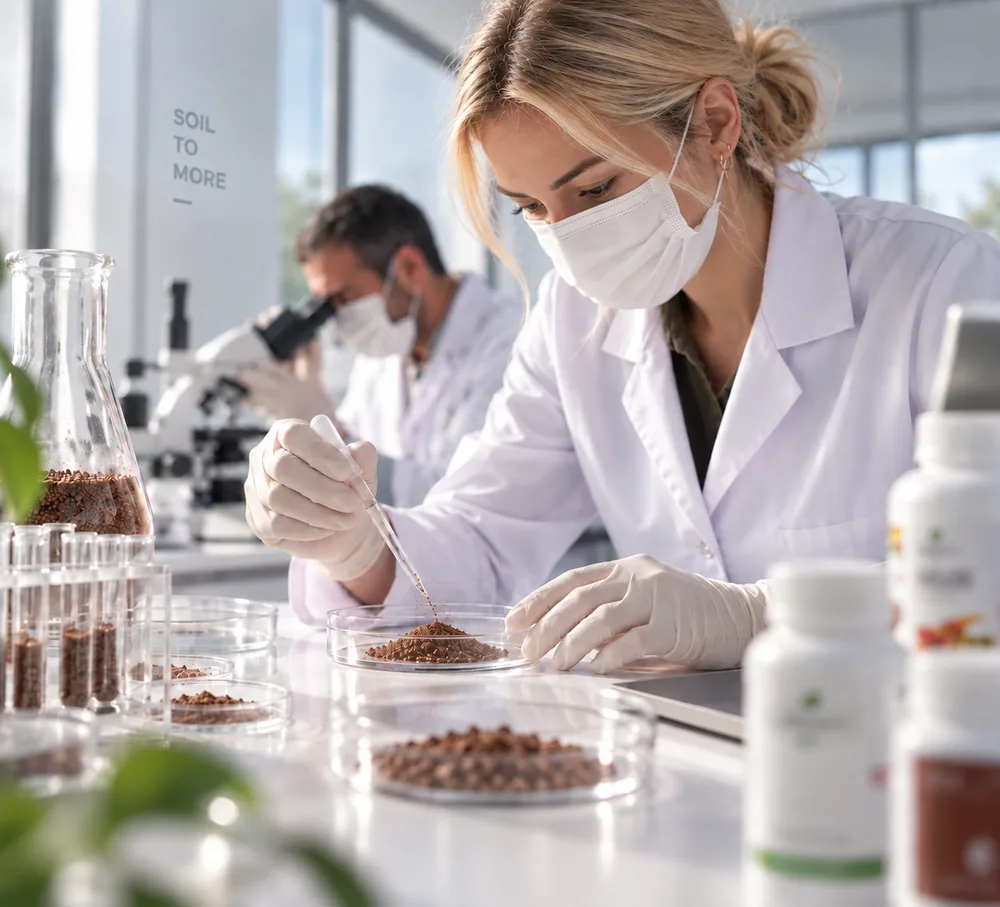 Investigador examinando gránulos de suelo en el laboratorio