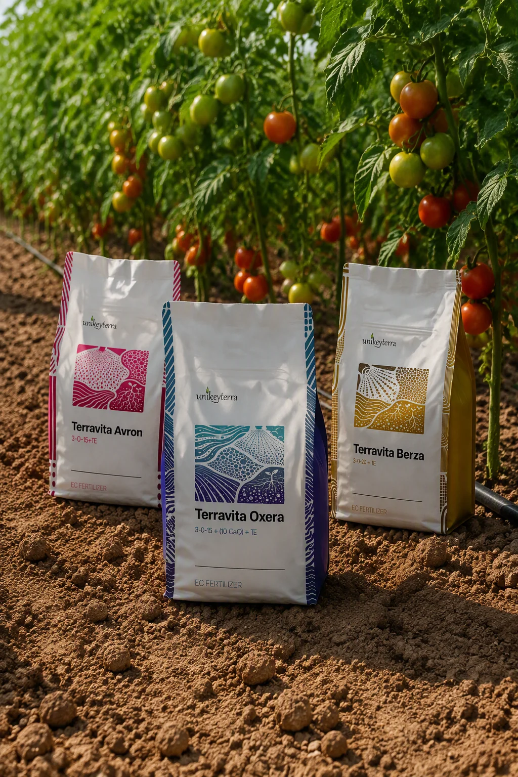 Sacos de fertilizante en microgránulos Terravita Avron, Oxera y Berza en un campo de tomates