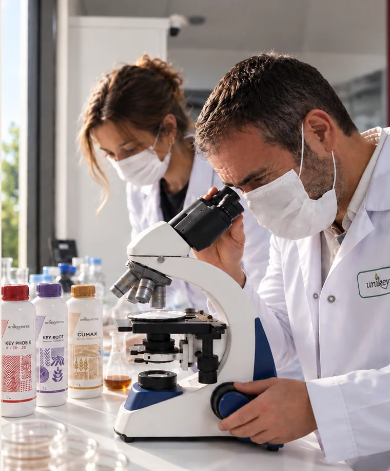 Investigadores de Unikeyterra con el microscopio en el laboratorio